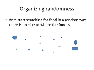 Organizing randomness
• Ants start searching for food in a random way,
there is no clue to where the food is.
 