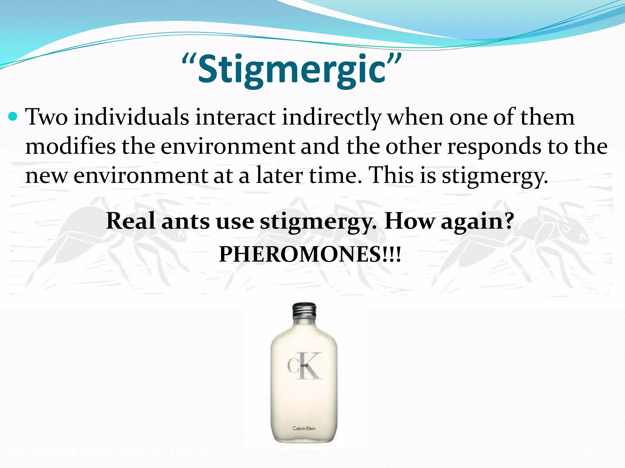 Ant Colony Optimization (ACO)
“Stigmergic”
 Two individuals interact indirectly when one of them
modifies the environment and the other responds to the
new environment at a later time. This is stigmergy.
Real ants use stigmergy. How again?
PHEROMONES!!!
 