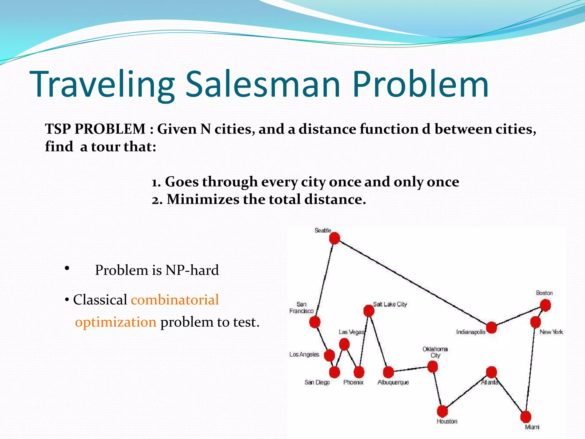 Traveling Salesman Problem
• Problem is NP-hard
• Classical combinatorial
optimization problem to test.
TSP PROBLEM : Given N cities, and a distance function d between cities,
find a tour that:
1. Goes through every city once and only once
2. Minimizes the total distance.
 