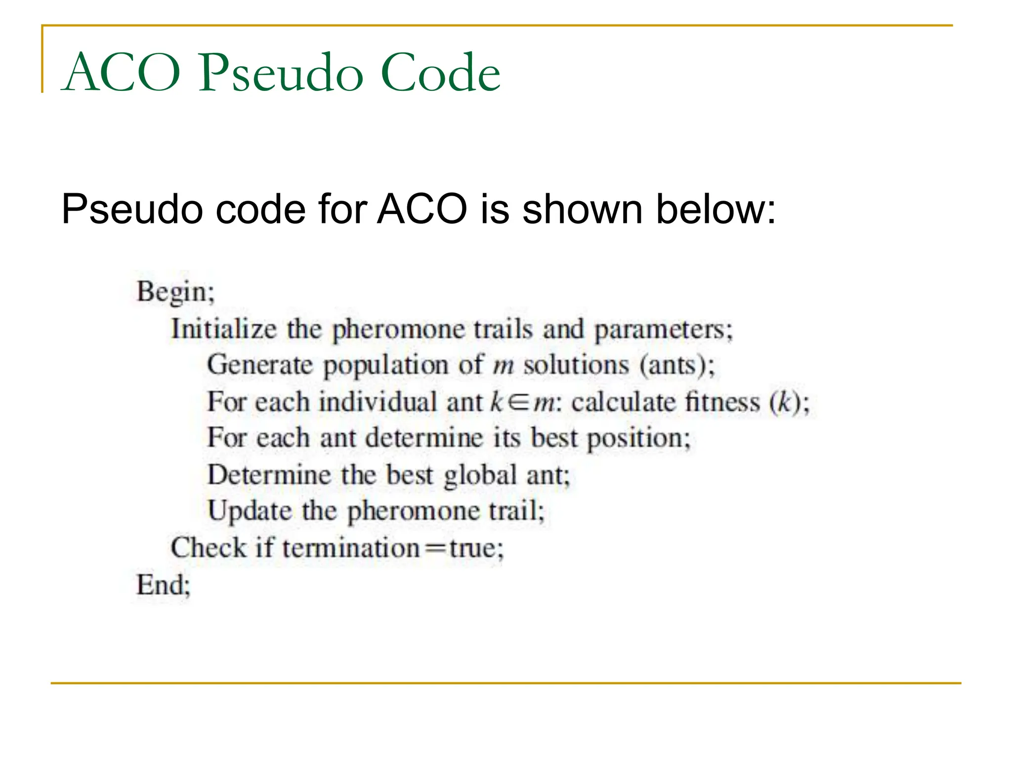 ACO Pseudo Code
Pseudo code for ACO is shown below:
 
