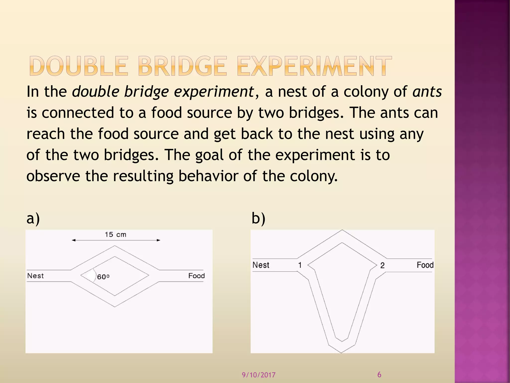 In the double bridge experiment, a nest of a colony of ants
is connected to a food source by two bridges. The ants can
reach the food source and get back to the nest using any
of the two bridges. The goal of the experiment is to
observe the resulting behavior of the colony.
a) b)
9/10/2017 6
 