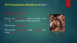ACO parameters definitions (Cont.)
Pheromone Trails
Species lay pheromone trails traveling from
nest, to nest or possibly in both directions.
Pheromones evaporate.
Pheromones accumulate with multiple ants
using path.
 