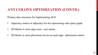 ANT COLONY OPTIMIZATION (CONTD.)
12
Primary data structures for implementing ACO
• Adjacency matrix or adjacency list for representing state space graph
• 2D Matrix to store edge costs - cost matrix
• 2D Matrix to store pheromone levels on each edge - pheromone matrix
 