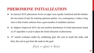 PHEROMONE INITIALIZATION
18
● In classical ACO, pheromone levels on edges were equally initialized and this hinders
the movement of ants for reaching optimum quicker. As a consequence, it takes a long
time to find a better solution from a great number of candidate solutions.
● In Adaptive Improved ACO, the non-uniform distribution of initial pheromone based
on A* algorithm is used to adjust the initial allocation of pheromone.
● A* search evaluates nodes by combining g(n), the cost to reach the node, and
h(n), the cost to get from the node to the goal
 