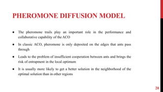 PHEROMONE DIFFUSION MODEL
20
● The pheromone trails play an important role in the performance and
collaborative capability of the ACO
● In classic ACO, pheromone is only deposited on the edges that ants pass
through
● Leads to the problem of insufficient cooperation between ants and brings the
risk of entrapment in the local optimum
● It is usually more likely to get a better solution in the neighborhood of the
optimal solution than in other regions
 