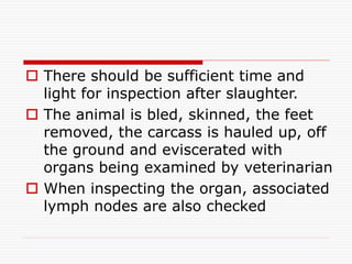  There should be sufficient time and
light for inspection after slaughter.
 The animal is bled, skinned, the feet
removed, the carcass is hauled up, off
the ground and eviscerated with
organs being examined by veterinarian
 When inspecting the organ, associated
lymph nodes are also checked
 