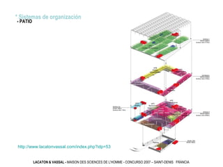 LACATON & VASSAL - MAISON DES SCIENCES DE L'HOMME - CONCURSO 2007 – SAINT-DENIS FRANCIA
http://www.lacatonvassal.com/index.php?idp=53
* Sistemas de organización
- PATIO
 