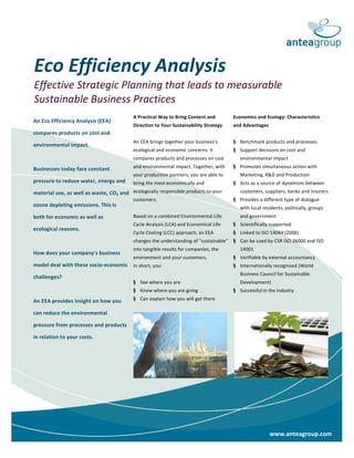 Effective Strategic Planning that leads to measurable
Sustainable Business Practices
                                          A Practical Way to Bring Content and         Economics and Ecology: Characteristics
An Eco Efficiency Analysis (EEA)
                                          Direction to Your Sustainability Strategy    and Advantages
compares products on cost and
                                          An EEA brings together your business’s       § Benchmark products and processes
environmental impact.
                                          ecological and economic concerns. It         § Support decisions on cost and
                                          compares products and processes on cost         environmental impact

Businesses today face constant            and environmental impact. Together, with     § Promotes simultaneous action with
                                          your production partners, you are able to       Marketing, R&D and Production
pressure to reduce water, energy and      bring the most economically and              § Acts as a source of dynamism between
material use, as well as waste, CO2 and ecologically responsible products to your         customers, suppliers, banks and insurers
                                          customers.                                   § Provides a different type of dialogue
ozone depleting emissions. This is                                                        with local residents, politically, groups
both for economic as well as              Based on a combined Environmental Life          and government
                                          Cycle Analysis (LCA) and Economical Life     § Scientifically supported
ecological reasons.
                                          Cycle Costing (LCC) approach, an EEA         § Linked to ISO 14044 (2006)
                                          changes the understanding of "sustainable"   § Can be used by CSR ISO 26000 and ISO
                                          into tangible results for companies, the        14001
How does your company's business
                                          environment and your customers.              § Verifiable by external accountancy
model deal with these socio-economic In short, you:                                    § Internationally recognized (World
                                                                                          Business Council for Sustainable
challenges?
                                          § See where you are                             Development)
                                          § Know where you are going                   § Successful in the industry

An EEA provides insight on how you        § Can explain how you will get there

can reduce the environmental

pressure from processes and products

in relation to your costs.




                                                                                                        www.anteagroup.com
 