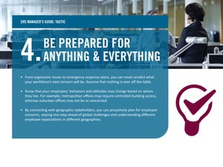 BE PREPARED FOR
ANYTHING & EVERYTHING4.
• From ergonomic issues to emergency response plans, you can never predict what
your workforce’s next concern will be. Assume that nothing is ever oﬀ the table.
• Know that your employees’ behaviors and attitudes may change based on where
they live. For example, metropolitan oﬃces may require controlled building access,
whereas suburban oﬃces may not be as concerned.
• By connecting with geographic stakeholders, you can proactively plan for employee
concerns, staying one step ahead of global challenges and understanding diﬀerent
employee expectations in diﬀerent geographies.
EHS MANAGER’S GUIDE: TACTIC
 