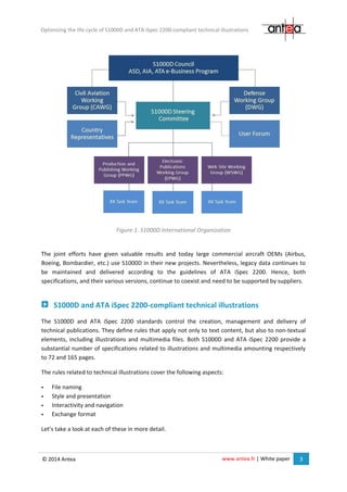 www.antea.fr | White paper 3
Optimizing the life cycle of S1000D and ATA iSpec 2200-compliant technical illustrations
© 2014 Antea
Figure 1. S1000D International Organization
The joint efforts have given valuable results and today large commercial aircraft OEMs (Airbus,
Boeing, Bombardier, etc.) use S1000D in their new projects. Nevertheless, legacy data continues to
be maintained and delivered according to the guidelines of ATA iSpec 2200. Hence, both
specifications, and their various versions, continue to coexist and need to be supported by suppliers.
S1000D and ATA iSpec 2200-compliant technical illustrations
The S1000D and ATA iSpec 2200 standards control the creation, management and delivery of
technical publications. They define rules that apply not only to text content, but also to non-textual
elements, including illustrations and multimedia files. Both S1000D and ATA iSpec 2200 provide a
substantial number of specifications related to illustrations and multimedia amounting respectively
to 72 and 165 pages.
The rules related to technical illustrations cover the following aspects:
 File naming
 Style and presentation
 Interactivity and navigation
 Exchange format
Let’s take a look at each of these in more detail.
 