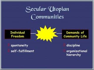 Secular Utopian Communities Individual Freedom Demands of Community Life spontaneity self-fulfillment discipline organizational hierarchy 