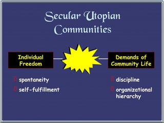 Secular Utopian Communities Individual Freedom Demands of Community Life spontaneity self-fulfillment discipline organizational hierarchy 