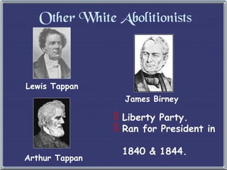 Other White Abolitionists Lewis Tappan Arthur Tappan James Birney Liberty Party. Ran for President in  1840 & 1844. 