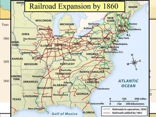 Railroad Expansion by 1860 
The Expansion of Railroads by Region 
 Immigrant labor 
built railroads in 
the North 
 Slave labor built 
railroads in the 
South 
 