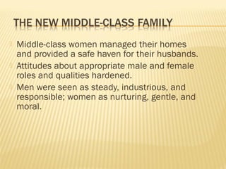  Middle-class women managed their homes 
and provided a safe haven for their husbands. 
 Attitudes about appropriate male and female 
roles and qualities hardened. 
 Men were seen as steady, industrious, and 
responsible; women as nurturing, gentle, and 
moral. 
 