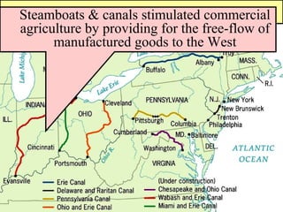 Steamboats & canals stimulated commercial 
agriculture by providing for the free-flow of 
manufactured goods to the West 
 