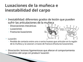  Inestabilidad: diferentes grados de lesión que pueden
sufrir las articulaciones de la muñeca
◦ Disociaciones mecánicas
◦ Luxaciones
◦ Fracturas-luxaciones
 Luxación:
◦ Perdida de contacto entre uno o varios huesos que articulan en la región
de la muñeca y se asocian a trazos de fractura (fracturas-luxaciones).
 Disociación: lesiones ligamentosas que alteran el comportamiento
mecánico del carpo sin producir luxación
Luxaciones de la muñeca e
inestabilidad del carpo
 