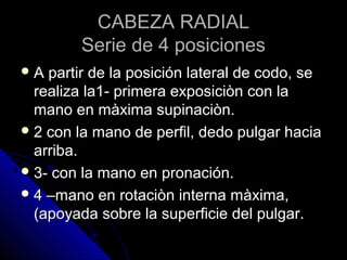 CABEZA RADIALCABEZA RADIAL
Serie de 4 posicionesSerie de 4 posiciones
 A partir de la posición lateral de codo, seA partir de la posición lateral de codo, se
realiza la1- primera exposiciòn con larealiza la1- primera exposiciòn con la
mano en màxima supinaciòn.mano en màxima supinaciòn.
 2 con la mano de perfil, dedo pulgar hacia2 con la mano de perfil, dedo pulgar hacia
arriba.arriba.
 3- con la mano en pronación.3- con la mano en pronación.
 4 –mano en rotaciòn interna màxima,4 –mano en rotaciòn interna màxima,
(apoyada sobre la superficie del pulgar.(apoyada sobre la superficie del pulgar.
 