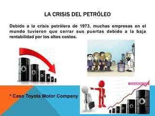LA CRISIS DEL PETRÓLEO
Debido a la crisis petrólera de 1973, muchas empresas en el
mundo tuvieron que cerrar sus puertas debido a la baja
rentabilidad por los altos costos.
* Caso Toyota Motor Company
 