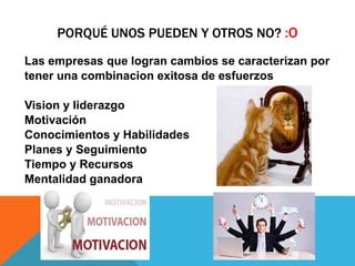 PORQUÉ UNOS PUEDEN Y OTROS NO? :O
Las empresas que logran cambios se caracterizan por
tener una combinacion exitosa de esfuerzos
Vision y liderazgo
Motivación
Conocimientos y Habilidades
Planes y Seguimiento
Tiempo y Recursos
Mentalidad ganadora
 