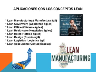 APLICACIONES CON LOS CONCEPTOS LEAN
* Lean Manufacturing ( Manufactura ágil)
* Lean Goverment (Gobiernos ágiles)
* Lean Office (Oficinas ágiles)
* Lean Healthcare (Hospitales ágiles)
* Lean Hotel (Hoteles ágiles)
* Lean Design (Diseño ágil)
* Lean Logistics (Logística ágil)
* Lean Accounting (Contabilidad ágil)
 