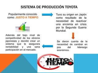 SISTEMA DE PRODUCCIÓN TOYOTA
Popularmente conocido
como: JUSTO A TIEMPO
Tuvo su origen en Japón
como resultado de la
necesidad de reactivar
una encomia en crisis
por la Segunda Guerra
Mundial.
Se dieron cuenta de la
necesidad de cambiar en
pos del liderazgo
económico.
Además del bajo nivel de
competitividad de los obreros
japoneses y decidió crear un
sistema que le asegurara
rentabilidad y una sana
participación en el mercado.
 