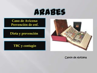 Cano de Avicena:
Prevención de enf.
Canon de Avicena
Dieta y prevención
TBC y contagio
 
