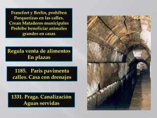 1331. Praga. Canalización
Aguas servidas
Regula venta de alimentos
En plazas
1185. Paris pavimenta
calles. Casa con drenajes
Francfort y Berlín, prohiben
Porquerizas en las calles.
Crean Mataderos municipales
Prohibe beneficiar animales
grandes en casas
 