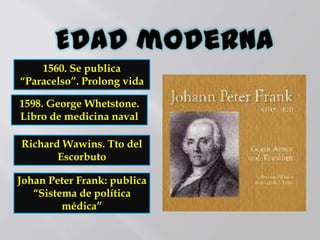 Johan Peter Frank: publica
“Sistema de política
médica”
1560. Se publica
“Paracelso”. Prolong vida
1598. George Whetstone.
Libro de medicina naval
Richard Wawins. Tto del
Escorbuto
 