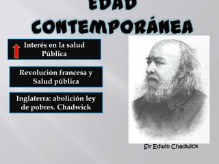 Revolución francesa y
Salud pública
Interés en la salud
Pública
Inglaterra: abolición ley
de pobres. Chadwick
Sir Edwin Chadwick
 