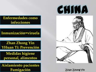 Enfermedades como
infecciones
Inmunización=viruela
Zhan Zhong Yin
YHuan Ti: Prevención
Medidas higiene
personal, alimentos
Aislamiento pacientes
Fumigación Zhan Zhong Yin
 