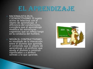 RACIONALISTA EN EL COGNOSCITIVISMO: El sujeto activo se relaciona con el objeto de aprendizaje. A diferencia del conductismo, considera que el aprendizaje modifica las estructuras cognitivas que se refleja luego en la conducta del hombre.  SEGÚN EL CONTRUCTIVISMO: es resultado de la interacción entre el alumno que aprende, el contenido que es objeto de aprendizaje y el profesor que ayuda al alumno a construir significados y a atribuir sentido a lo que aprende. El APRENDIZAJE