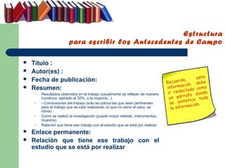 Estructura
                        para escribir los Antecedentes de Campo

   Título :
   Autor(es) :
                                                                                                   esta
   Fecha de publicación:                                                         Recuer
                                                                                           de,        e
                                                                                               n d eb
                                                                                  inf  ormació
   Resumen:                                                                                     a como
                                                                                   ir r edactad onde
        Resultados obtenidos en el trabajo (usualmente se reflejan de manera                rafo d
    –
        numérica, ejemplo el 30%, o la mayoría...).                                 un pár ice todo
                                                                                              et
    –   - Conclusiones del trabajo (solo se coloca las que sean pertinentes         se sint ción.
                                                                                              ma
        para el trabajo que se está realizando, lo que no viene al caso, se          la infor
        obvia).
    –   Como se realizó la investigación (puede incluir método, instrumentos,
        muestra).
    –   Relación que tiene ese trabajo con el estudio que se está por realizar.
   Enlace permanente:
   Relación que tiene ese trabajo con el
    estudio que se está por realizar
 