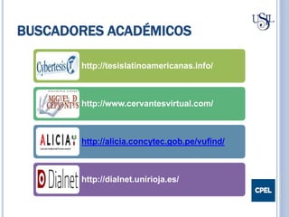 BUSCADORES ACADÉMICOS
http://tesislatinoamericanas.info/
http://www.cervantesvirtual.com/
http://alicia.concytec.gob.pe/vufind/
http://dialnet.unirioja.es/
 