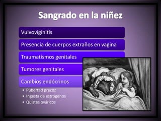 Vulvoviginitis
Presencia de cuerpos extraños en vagina
Traumatismos genitales
Tumores genitales
Cambios endócrinos
• Pubertad precoz
• Ingesta de estrógenos
• Quistes ováricos
 