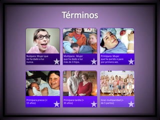 Nulípara: Mujer que
no ha dado a luz
nunca.
Multípara: Mujer
que ha dado a luz
más de 3 hijos.
Primípara: Mujer
que ha parido o pare
por primera vez.
Primípara precoz (<
15 años)
Primípara tardía (>
35 años)
Gran multiparidad (>
de 5 partos)
 