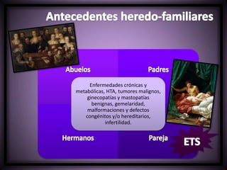 Enfermedades crónicas y
metabólicas, HTA, tumores malignos,
ginecopatías y mastopatías
benignas, gemelaridad,
malformaciones y defectos
congénitos y/o hereditarios,
infertilidad.
 