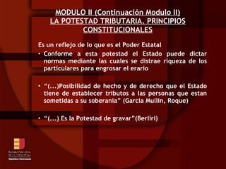 MODULO II (Continuación Modulo II) LA POTESTAD TRIBUTARIA. PRINCIPIOS CONSTITUCIONALES ,[object Object],[object Object],[object Object],[object Object]