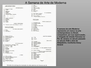A Semana de Arte de Moderna A semana de arte Moderna representa um marco na arte contemporânea no Brasil, comparável, por sua repercussão, a chegada da missão francesa no Rio de Janeiro no século passado ou século XVIII a obra de Aleijadinho. Conforme Aracy Amaral 