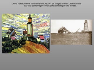 1)Anita Malfatti, O farol, 1915 óleo s/ tela, 46,5x61 cm coleção (Gilberto Chateaubriand) 2) O farol de Monhegan em fotogr...