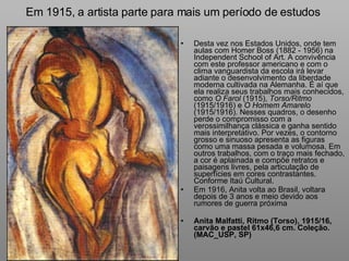 Em 1915, a artista parte para mais um período de estudos  Desta vez nos Estados Unidos, onde tem aulas com Homer Boss (1882 - 1956) na Independent School of Art. A convivência com este professor americano e com o clima vanguardista da escola irá levar adiante o desenvolvimento da liberdade moderna cultivada na Alemanha. É aí que ela realiza seus trabalhos mais conhecidos, como  O Farol  (1915),  Torso/Ritmo  (1915/1916) e  O Homem Amarelo  (1915/1916). Nesses quadros, o desenho perde o compromisso com a verossimilhança clássica e ganha sentido mais interpretativo. Por vezes, o contorno grosso e sinuoso apresenta as figuras como uma massa pesada e volumosa. Em outros trabalhos, com o traço mais fechado, a cor é aplainada e compõe retratos e paisagens livres, pela articulação de superfícies em cores contrastantes. Conforme Itaú Cultural. Em 1916, Anita volta ao Brasil, voltara depois de 3 anos e meio devido aos rumores de guerra próxima Anita Malfatti, Ritmo (Torso), 1915/16, carvão e pastel 61x46,6 cm. Coleção. (MAC_USP, SP) 