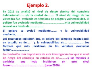 Ejemplo 2.
En 2011 se analizó el nivel de riesgo sísmico del complejo
habitacional……….de la ciudad de……… El nivel de riesgo de las
viviendas fue evaluado en términos de peligro y vulnerabilidad. El
peligro fue evaluado mediante………………………….y la vulnerabilidad
se evaluó a través de……………….
El peligro se evaluó mediante……… y la vulnerabilidad
mediante……….
Los resultados indicaron que, el peligro del complejo habitacional
en estudio es de….. y la vulnerabilidad es…. ……………….. Los
factores que más incidieron en las variables evaluadas
fueron……………………
La conclusión más importante de esta investigación fue que el nivel
de riesgo del complejo en estudio es de…………y los factores o
variables que más incidieron en este nivel
fueron……………………………………… (Leon 2020).
 