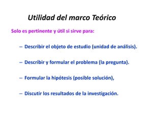 Utilidad del marco Teórico
Solo es pertinente y útil si sirve para:
– Describir el objeto de estudio (unidad de análisis).
– Describir y formular el problema (la pregunta).
– Formular la hipótesis (posible solución),
– Discutir los resultados de la investigación.
 