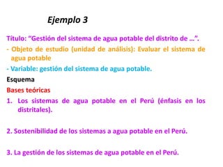 Ejemplo 3
Título: “Gestión del sistema de agua potable del distrito de …”.
- Objeto de estudio (unidad de análisis): Evaluar el sistema de
agua potable
- Variable: gestión del sistema de agua potable.
Esquema
Bases teóricas
1. Los sistemas de agua potable en el Perú (énfasis en los
distritales).
2. Sostenibilidad de los sistemas a agua potable en el Perú.
3. La gestión de los sistemas de agua potable en el Perú.
 