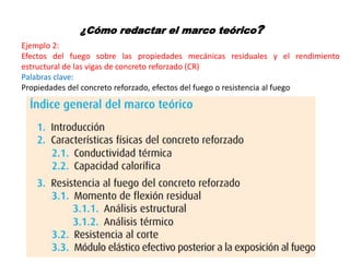 ¿Cómo redactar el marco teórico?
Ejemplo 2:
Efectos del fuego sobre las propiedades mecánicas residuales y el rendimiento
estructural de las vigas de concreto reforzado (CR)
Palabras clave:
Propiedades del concreto reforzado, efectos del fuego o resistencia al fuego
 