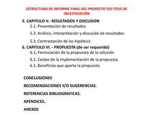 ESTRUCTURA DE INFORME FINAL DEL PROYECTO Y/O TESIS DE
INVESTIGACIÓN
5. CAPITULO V.- RESULTADOS Y DISCUSION
5.1. Presentación de resultados
5.2. Análisis, interpretación y discusión de resultados
5.3. Contrastación de las hipótesis
6. CAPITULO VI. - PROPUESTA (de ser requerido)
6.1. Formulación de la propuesta de la solución
6.2. Costos de la implementación de la propuesta.
6.3. Beneficios que aporta la propuesta
CONCLUSIONES
RECOMENDACIONES Y/O SUGERENCIAS.
REFERENCIAS BIBLIOGRAFICAS.
APENDICES.
ANEXOS
 