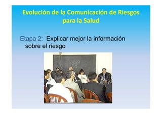 Evolución de la Comunicación de Riesgos
para la Salud
EtapaEtapa 2:2: ExplicarExplicar mejormejor lala informacióninformación
sobresobre elel riesgoriesgo
 