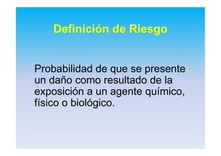 Definición de Riesgo
ProbabilidadProbabilidad dede queque sese presentepresente
unun dañodaño comocomo resultadoresultado de lade la
exposiciónexposición a una un agenteagente químicoquímico,,
físicofísico oo biológicobiológico..
 
