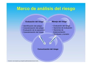 Marco de análisis del riesgo
Tomado de: www.inspection.gc.ca/english/corpaffr/publications/riscomm.shtml
Comunicación del riesgo
Evaluación del riesgo
• Identificación del peligro
• Caracterización del peligro
• Evaluación de la exposición
• Caracterización del riesgo
Manejo del riesgo
• Evaluación del riesgo
• Opciones de evaluación
• Opciones de
implementación
• Monitoreo y revisión
 