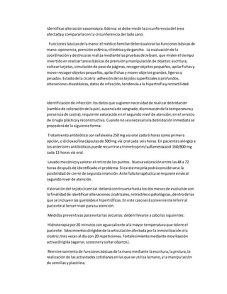 identificaralteraciónvasomotora.Edema:se debe medirlacircunferenciadel área
afectaday compararlacon la circunferencia del ladosano.
Funcionesbásicasde lamano:el médicofamiliardeberávalorarlasfuncionesbásicasde
mano:oponencia,prensiónesférica,cilíndricayde gancho. La evaluaciónde la
coordinaciónydestrezase realizamediantelaspruebasde Jebsen, que midenel tiempo
invertidoenrealizartareasbásicasde prensiónymanipulaciónde objetos:escritura,
volteartarjetas,simulaciónde pasode páginas,recogerobjetospequeños,apilarfichasy
moverrecogerobjetospequeños,apilarfichasymoverobjetosgrandes,ligerosy
pesados.Estadode la cicatriz:adhesiónde lostejidossuperficialesoprofundos,
alteracionesdisestésicas,datosde infección,tendenciaala hipertrofiayretractilidad.
Identificaciónde infección:losdatosque sugierennecesidadde realizardebridación
(cambiode coloraciónde lapiel,ausenciade sangrado,disminuciónde latemperaturay
presenciade costra),requierenvaloraciónenel segundonivel de atención,enel servicio
de cirugía plásticay reconstructiva. Cuandono seanecesarialadebridacióninmediata se
procederáde la siguienteforma:
Tratamientoantibióticoconcefalexina 250 mg vía oral cada 6 horas comoprimera
opción,o dicloxacilinacápsulasde 500 mg vía oral cada seishoras.En pacientesalérgico a
losanterioresantibióticospuede recurrirseatrimetroprim/sulfametoxazol 160/800 mg
cada 12 horas vía oral.
Lavado mecánicoyvalorar el retirode lospuntos. Nuevavaloraciónentre las48 a 72
horas después de identificadoel problema.Si existemejoríapodráconsiderarse la
posibilidad de cierre de segundaintención.Ante fallaterapéuticase requiere envíoal
segundonivel de atención.
Valoracióndel tejidocicatrizal:deberácontinuarsehastalosdosmesesde evolucióncon
la finalidadde identificaralteracionescicatrizales,retráctilesopatológicas,dentrode las
que se incluyenlasqueloidese hipertróficas.Eneste casoseráconvenientereferiral
paciente al tercernivel parasuatención.
Medidaspreventivasparaevitarlassecuelas:debenllevarse acabolas siguientes:
Hidroterapiapor20 minutosconagua caliente ala mayor temperaturaque tolere el
paciente. Movimientosdirigidosde laarticulaciónafectadaporlainmovilizaciónola
cicatriz;tres vecesal día con 20 repeticiones.Fortalecimientomediantemovilización
activadirigida(agarrar,sostenerysoltarobjetos).
Reentrenamientode funcionesbásicasde lamanomediante laescritura,lapintura,la
realizaciónde lasactividadescotidianasenlasque se utilizalamano,yla manipulación
de semillasyplastilina.
 